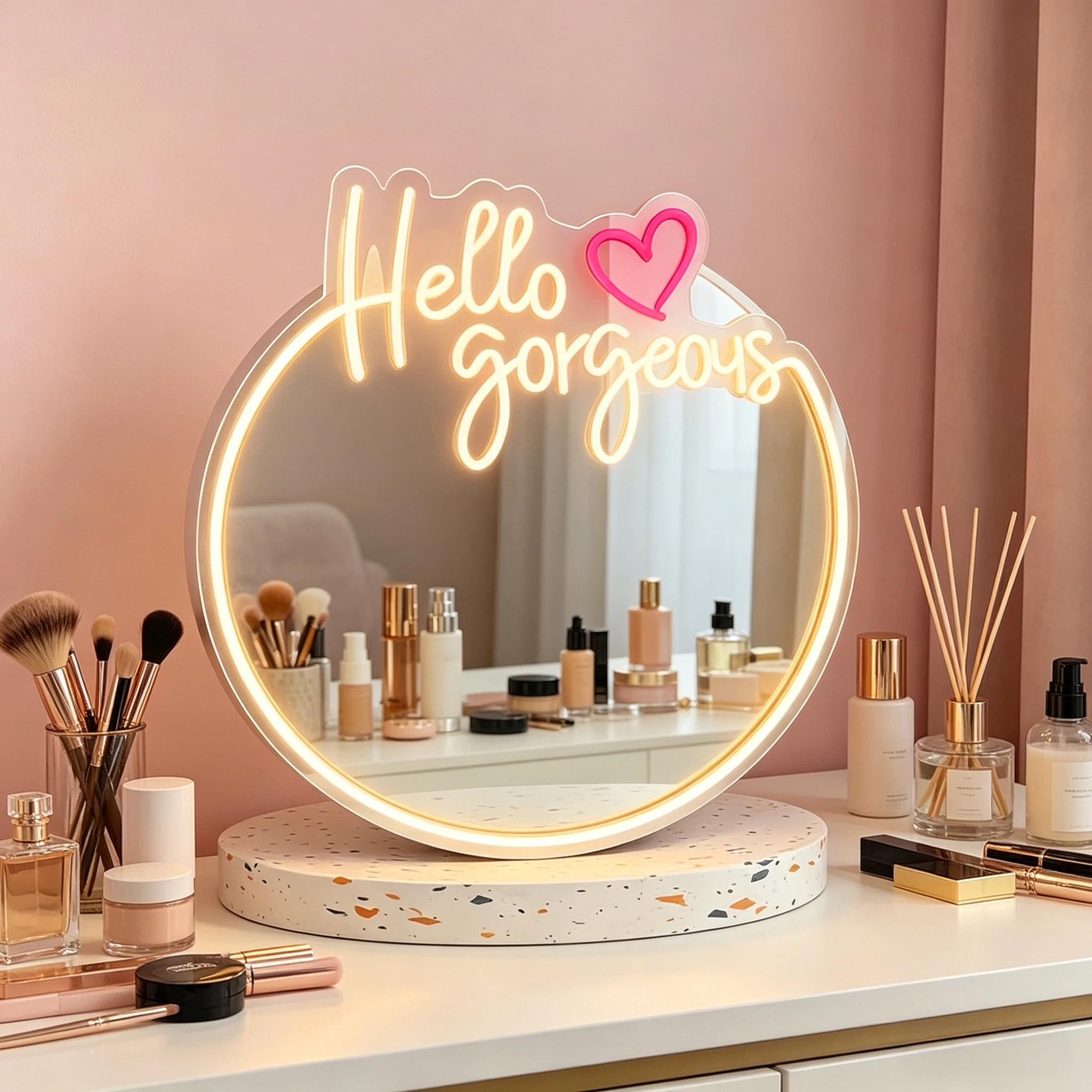 

Hello Gorgeous Neon Sign Mirror for Wall Decor Art Gorgeous Neon Mirror Light for Girl's Room Dresser Warm White Mirror Light