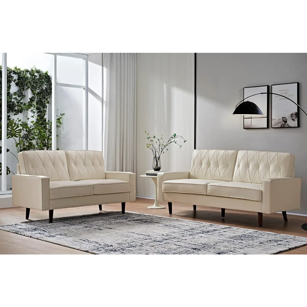 

Modern Style Faux Leather Loveseat and Sofa with Elegant Round Tapered Legs and Button Tufted Backrest, 2 Piece Couch Set, White
