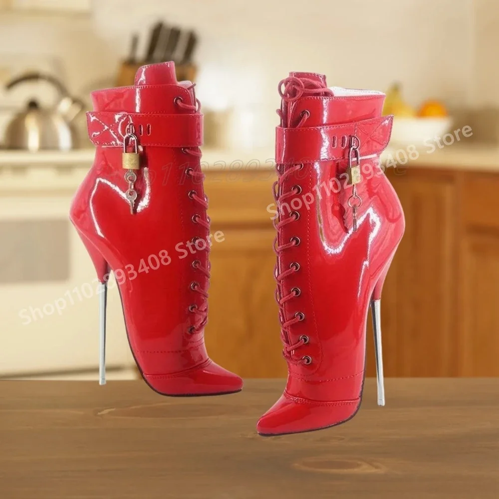 

Yellow Shiny Leather Pointy Ankle Boots Lock Decor Front Lace-up Stiletto High Heel Fashion Women Shoes 2024 Zapatos Para Mujere