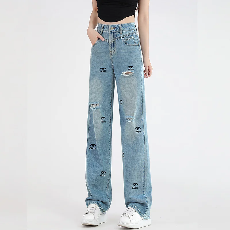 Pantalones vaqueros de barril recto perforados para mujer, Jeans de cintura alta, bordados, estrechos, pierna ancha, arrastre de piso, azul Retro, nuevo