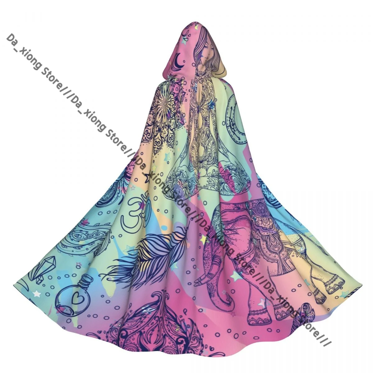 

Witch Long Hooded Robe Boho Colorful Rainbow Ornamental Hippie Print Halloween Cloak Cosplay Costumes for Adult