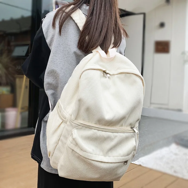 Fashion Female Men White Corduroy Travel Leisure Vintage School Bag Girl Boy Laptop Ladies Retro College Backpack Women Book Bag