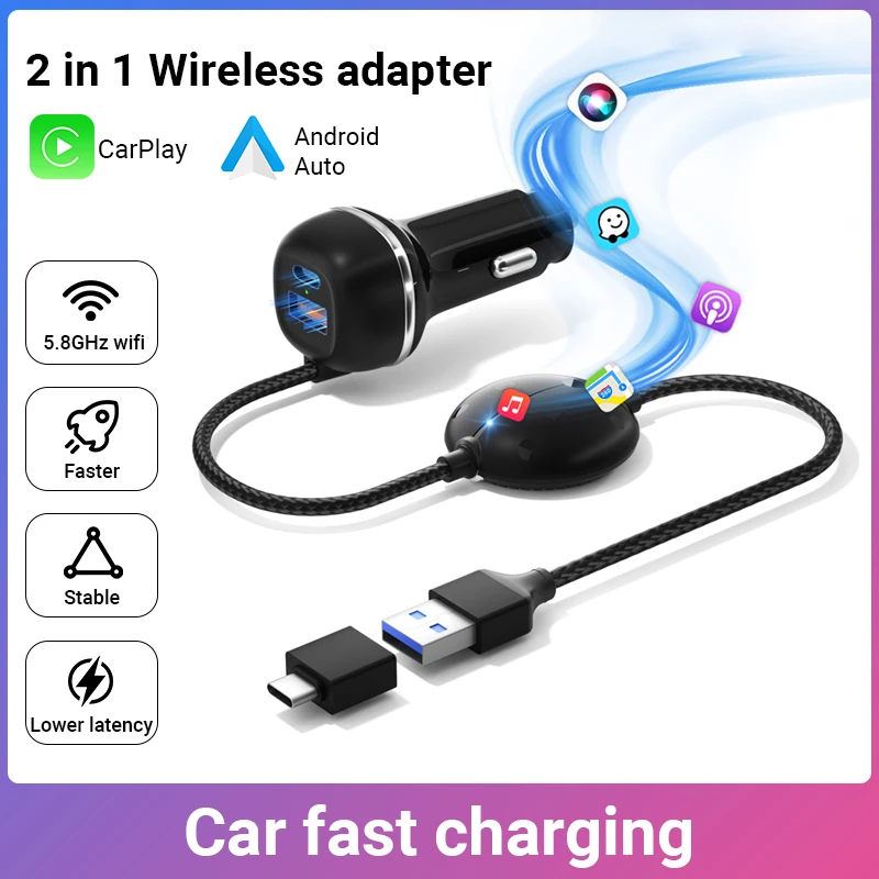 3in1 لتجربة فريدة 2in1 Carplay اللاسلكية وأندرويد السيارات محول صغير شاحن سيارة واي فاي BT توصيل التوصيل والتشغيل صندوق عالمي