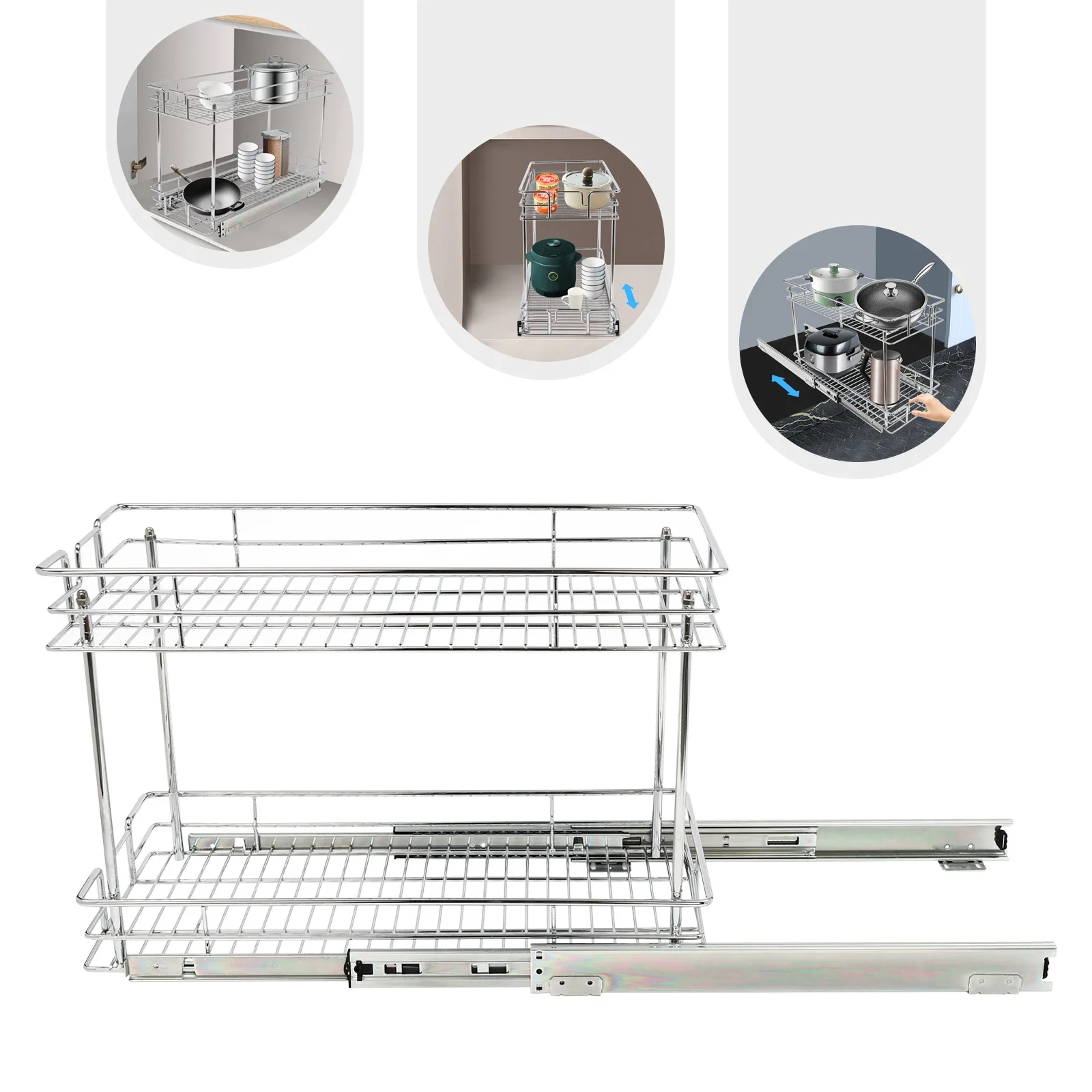 주방 캐비닛용 프리미엄 2단 슬라이드 아웃 정리함 – 간편한 보관을 위한 견고한 풀아웃 선반