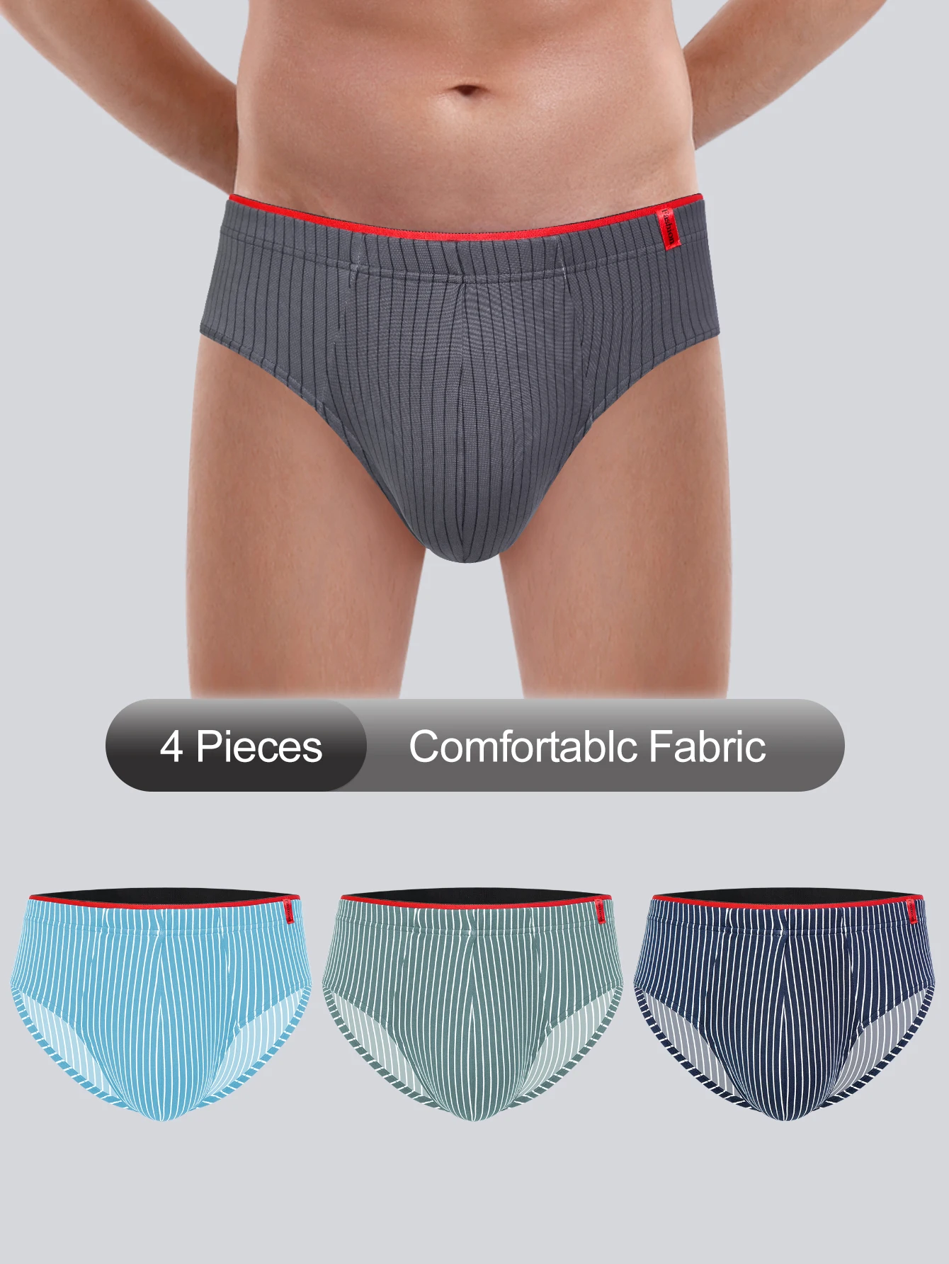

4PCS Men Briefs Mid Waist Elastic Soft Breathable Anti-septic U Convex Striped Solid Color Casual Men Underpants underwearTriang