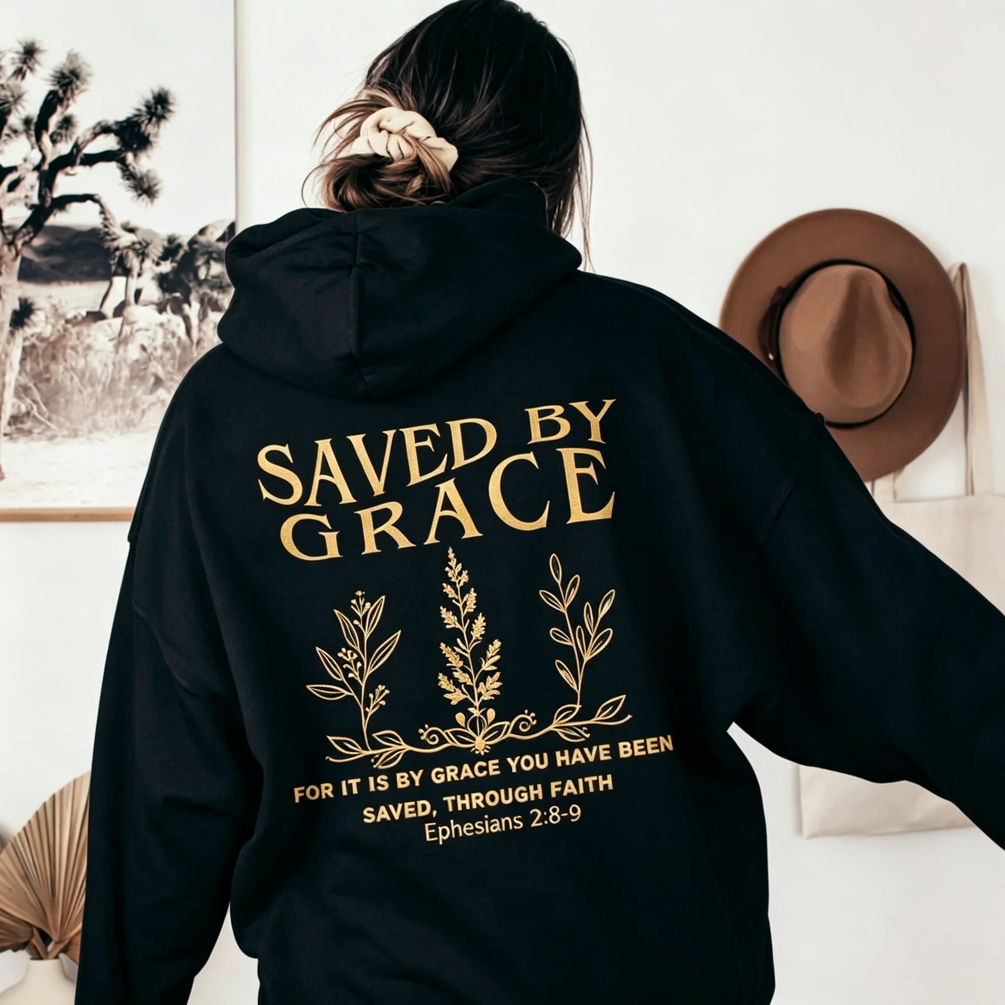 Christian Bible Verse Hoodie Faith Sweatshirts SAVED BY GRACE Lette Slogan Print Hoodies For Women Comfortable Soft Streetwear