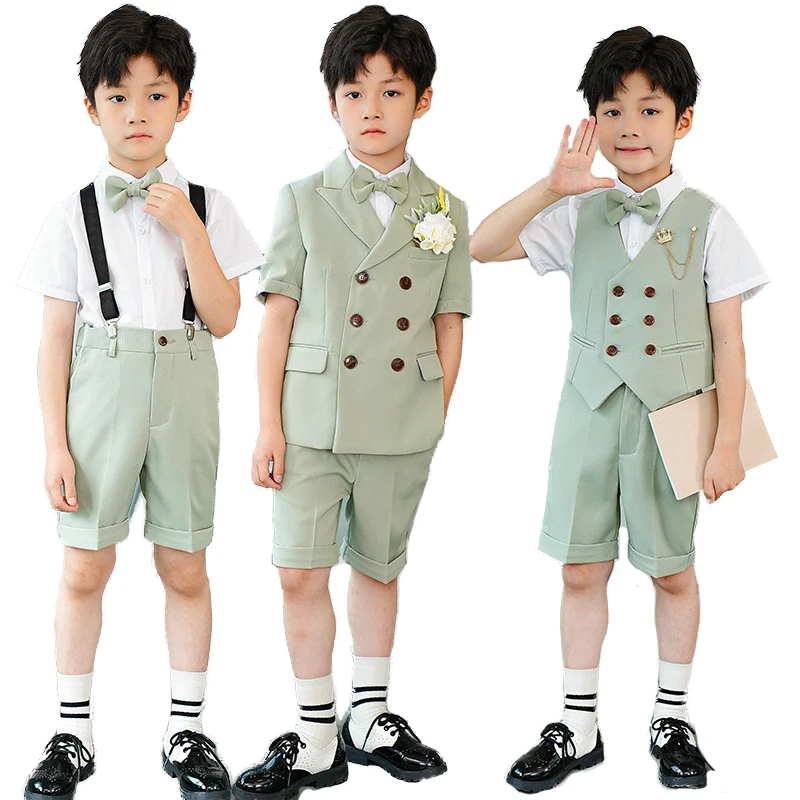 

Children's Summer Short Sleeve Suit Set Boy Wedding Piano Host Performance Cosplay Costume Kids Blazer Shorts Bowtie Clothes