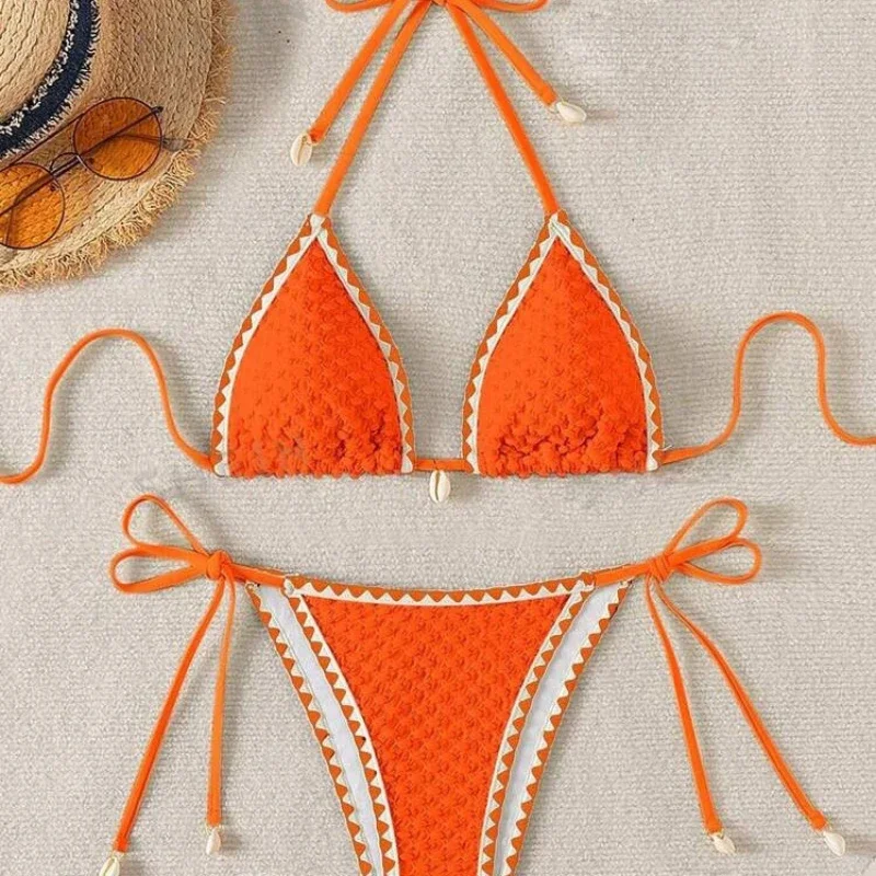 Sexy Halter Wrinkled Weave Bikini Set Shell Designer Swimsuit Women Push Up Micro Bikinis Summer Bathing Suit Swim Beach Wear