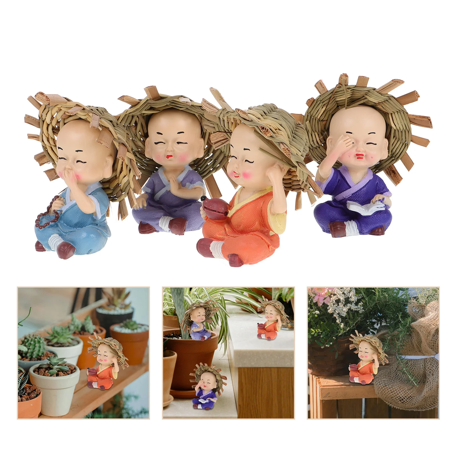 4Pcs Mini Monk Ornament Zen Artistic Design Fine Craftsmanship Safe Sustainable Materials Home Office Car Decoration