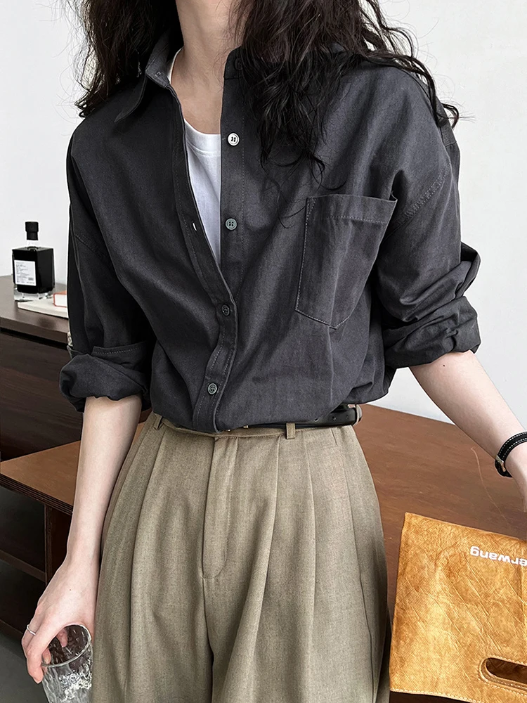 [LANMREM] Vintage Long Sleeve Shirt Women\'s Lapel Single Breasted Office Lady Loose Blouse Fashion 2024 Autumn New 26D9878