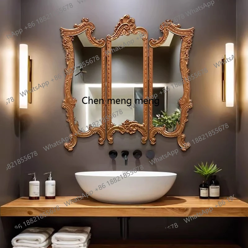 

Retro tri-fold bathroom mirror wall hanging, carved, porch bedroom folding decorative mirror