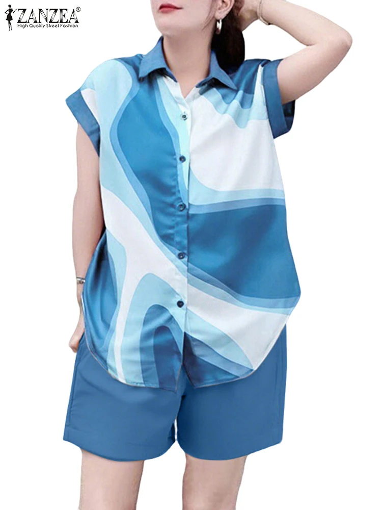 Frauen Kurze Sets ZANZEA Sommer 2025 Vintage Gedruckt Zwei-stück Outfits Mode 2 stücke Revers Kurzarm Top und shorts Casual Sets