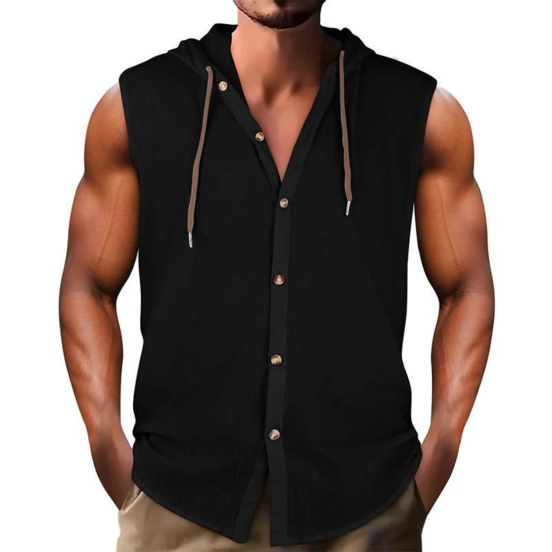 

Streetwear Mens Casual Shirt Hoodie Beach Style Breathable Sleeveless Pure Color Cotton Linen Shirts Men Summer Vintage Tank Top
