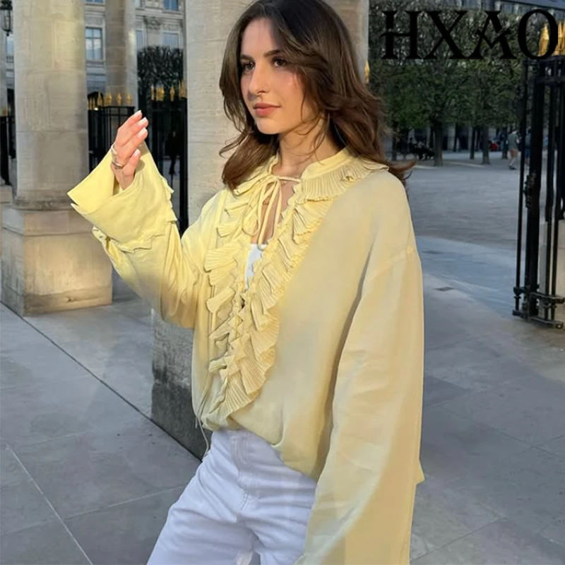 เสื้อผู้หญิง HXAO แบบระบายสีเหลือง เสื้อแขนยาวผูกเชือก ผ้าลูกไม้ เสื้อแฟชั่นฤดูใบไม้ร่วง ไซส์ใหญ่ ดีไซน์หรูหรา