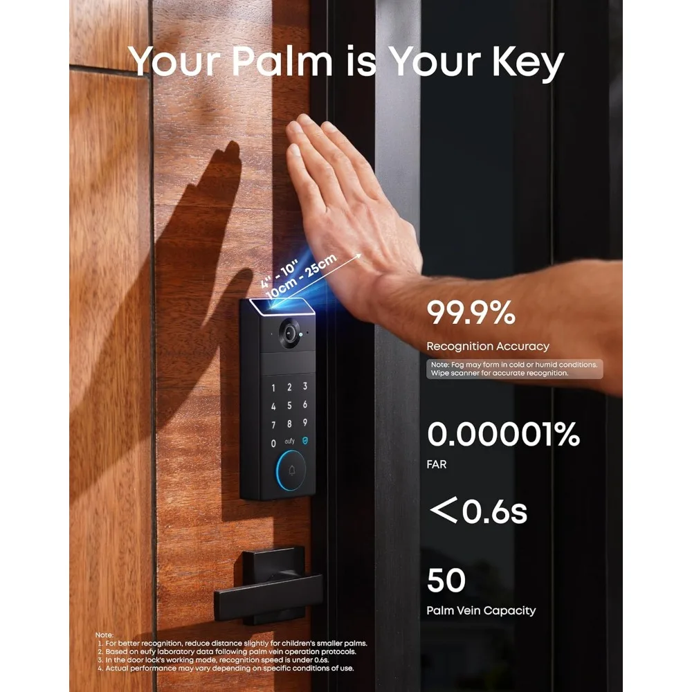 eufy FamiLock S3 Smart Lock con riconoscimento delle vene del palmo - Serratura per porta d'ingresso senza chiave per porta d'ingresso, catenaccio con tastiera Wi-Fi 3 in 1 + 2