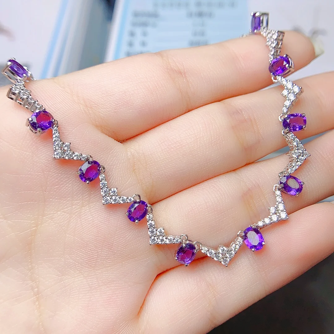 

FS S925 Sterling Silver 3*4mm Natural Amethyst Necklace Weddings Gift Fine Charm Jewelry for Women With Certificate MeiBaPJ