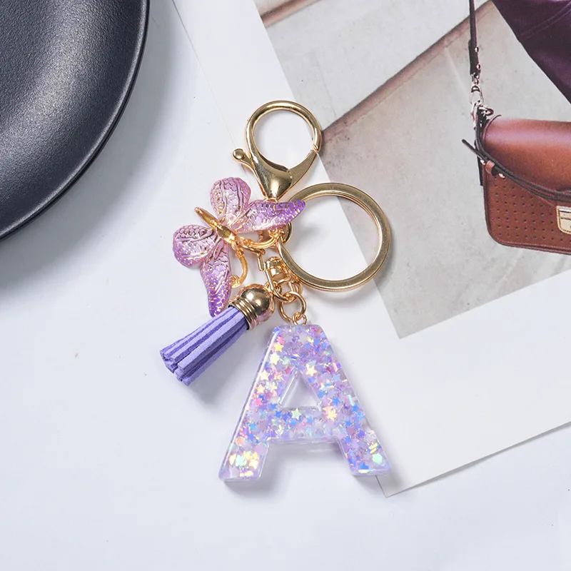 A To Z Purple Stars Filled Letter Keychain 26 Initials Alphabet Butterfly Tassel Charms Keyrings Bag Ornament Car Trinket Gift