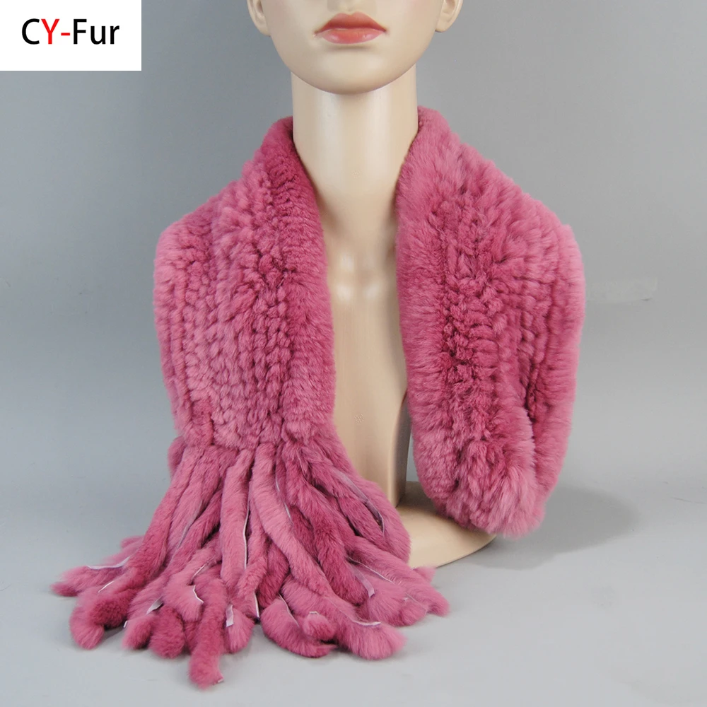 2025 Winter Russia Women Real Rex Rabbit Fur Scarf Warm Lady 100% Natural Fur Tassel Muffler Fashion Knit Rex Rabbit Fur Scarves