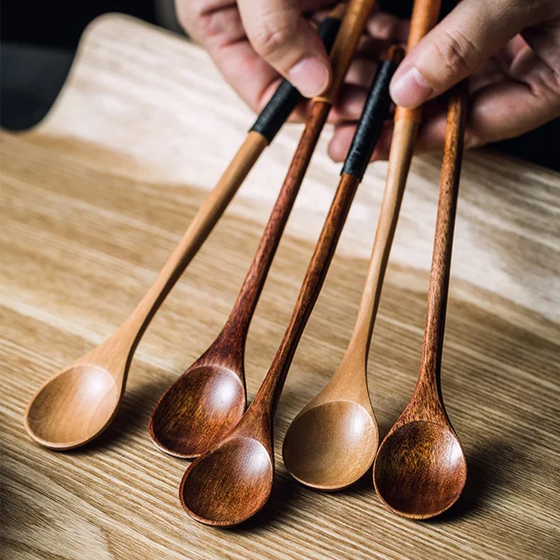 6Pcs Wooden Tea Spoon Long Coffee Spoons Small Teaspoon Set Wood Honey Dessert Spoon Coffee Drink Stirrer Teaspoons Tableware