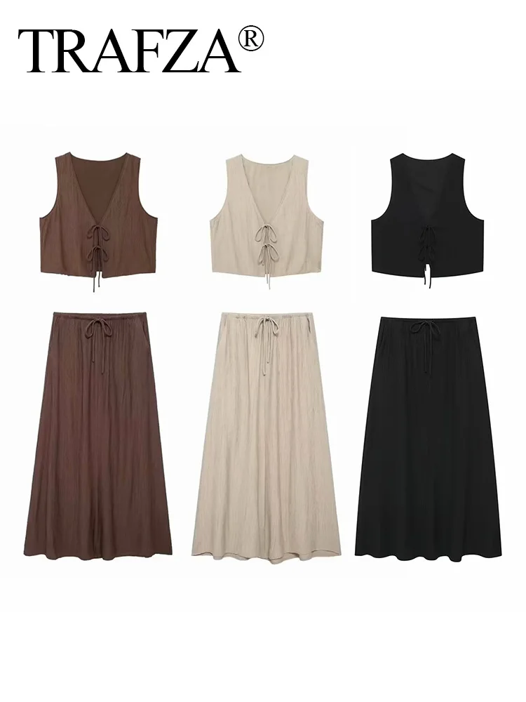 TRAFZA 2024 Summer Women Skirts Set Sleeveless V-Neck Lace Up Slim Vest+ Pleated Casual Loose Long Skirt Elegant Beach Holiday