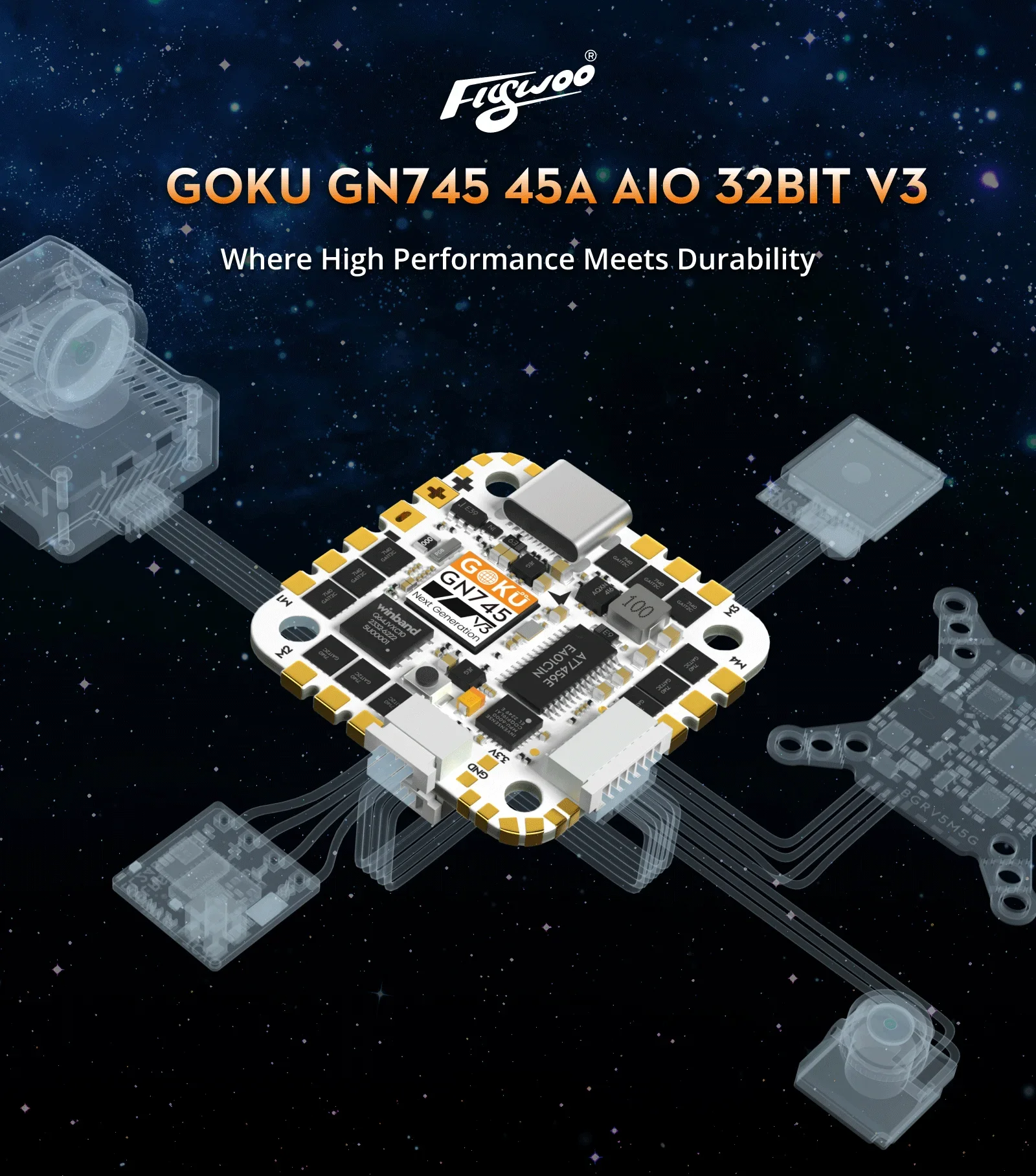 

Flywoo GOKU GN745 V3 45A AIO FPV Flight Stack, Plug and Play ESC with Type-C Interface for FPV Drone DIY