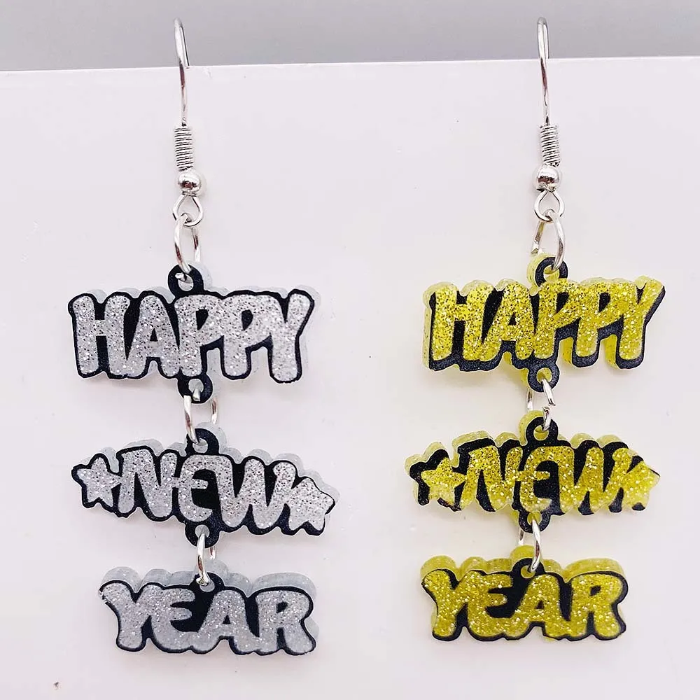 Happy New Year Earrings Star Shaped Peach Heart Sparkling Powder Wine Glass Acrylic Pendant Earrings for Women Gift