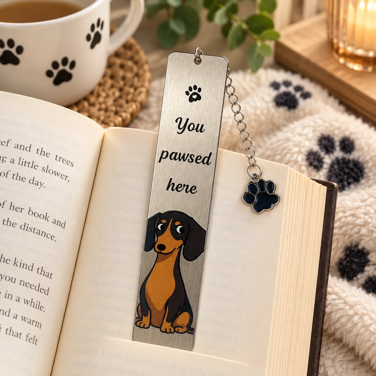 Dachshund Dog Metal Bookmark, Pun Quote You Pawsed Here Page Marker with Black Paw Pendant, Book Lover Gift