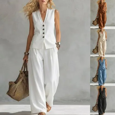 

Pant Set Women Two Piece Sets V Neck Sleeveless Vest Tops Wide Leg Long Pants High Waist Y2k Streetwear Elegant Casual 2026