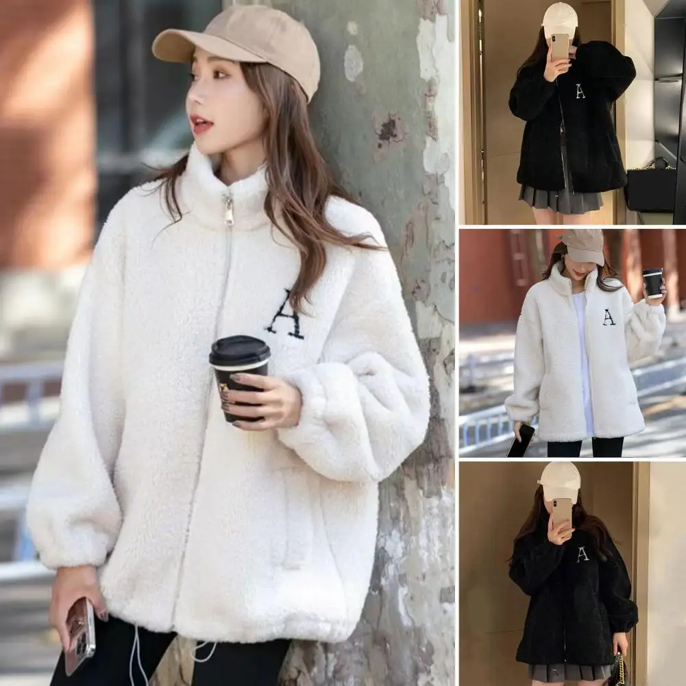 Solid Color Women Coat Stylish Women's Winter Coat with Stand Collar Embroidered Letter Detail Plush Pockets Warm for Cold