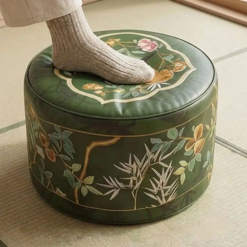 Space Saving PU Leather Footstool Cover Waterproof Large Capacity Pouf Cover Round Unfilled Storage Bag Office