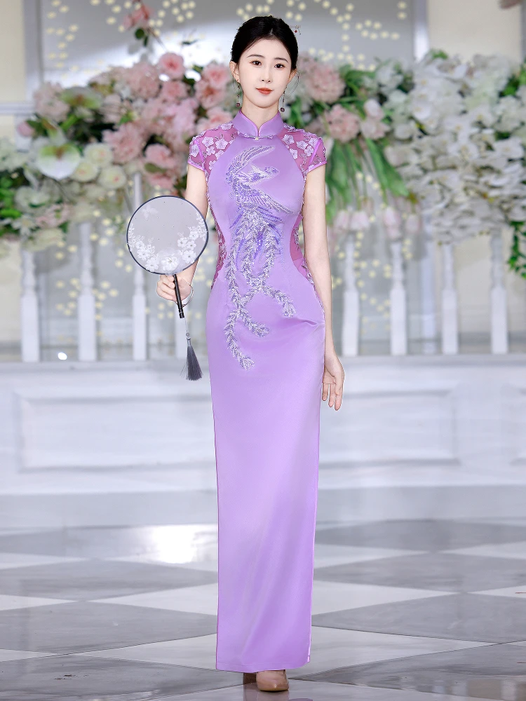 

Длинное платье Ele с вышивкой для выступления на сцене, полиэфирное волокно с высоким разрезом, 5% спандекс, ор Све, новинка лета