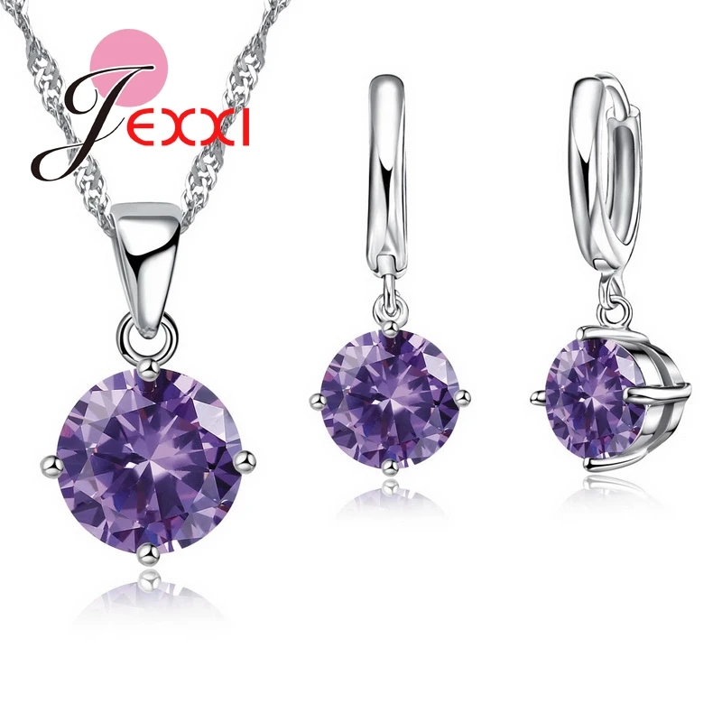 Silver Color Needle Drop Earrings Purple Crystal Pendant Necklace Trendy Ring Jewelry Sets For Women New