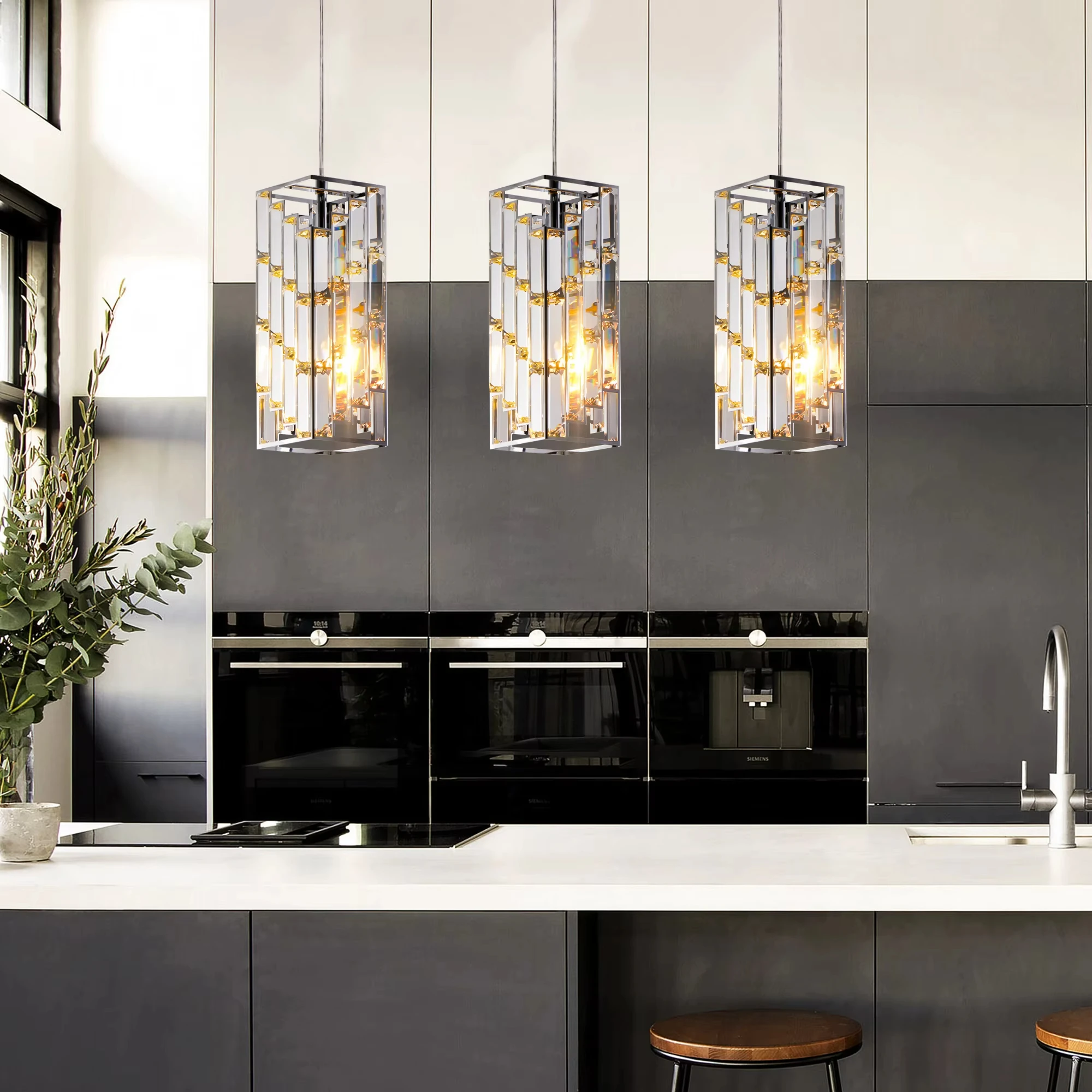 

Modern Crystal Pendant Light - 3 Pack, Adjustable Hanging Ceiling Lamp with Crystal Prism Design -Chrome Finish