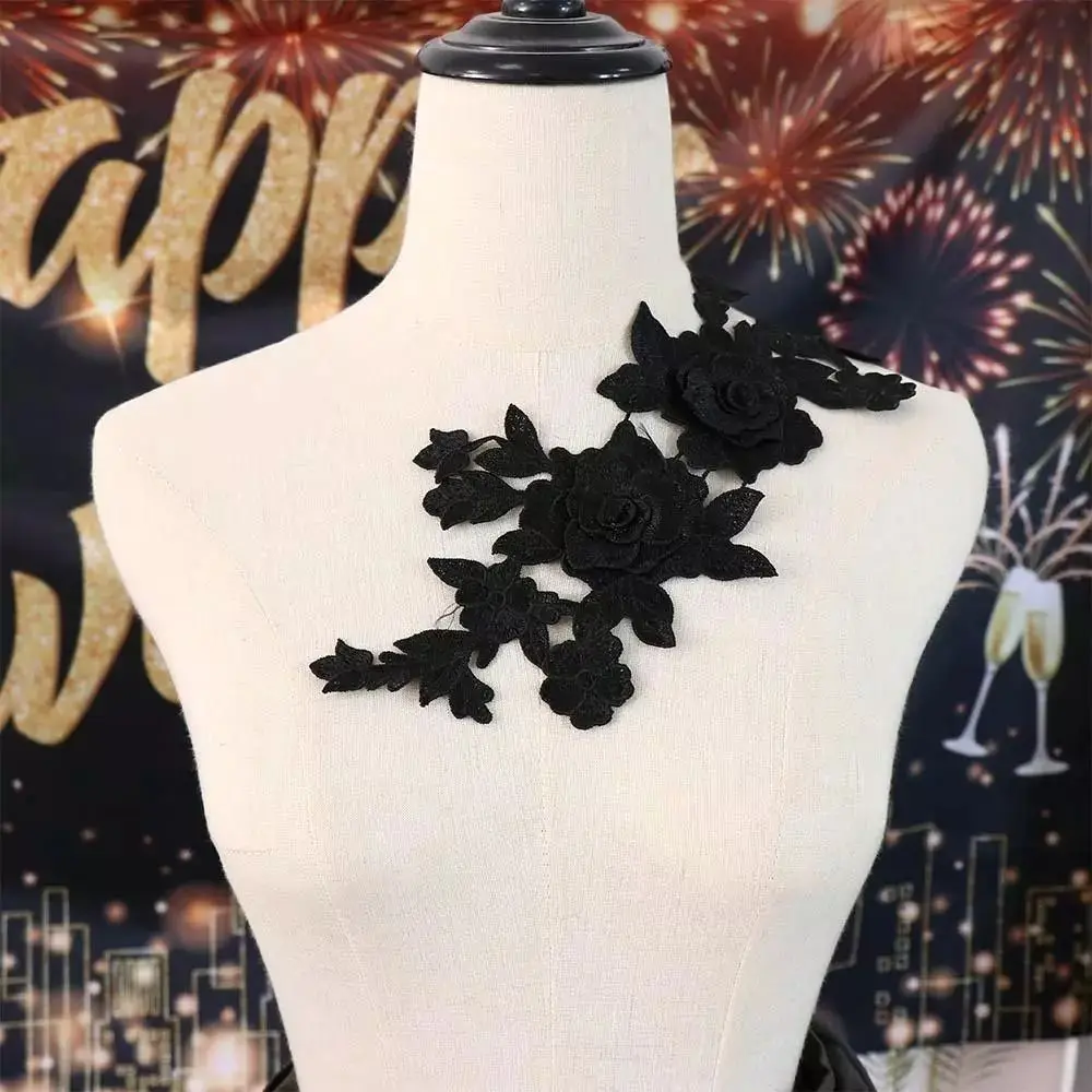 

New Lace Fabric 3D Rose Flower Applique Embroidered DIY Clothes Cloth Applique Black White Sewn Applique Women