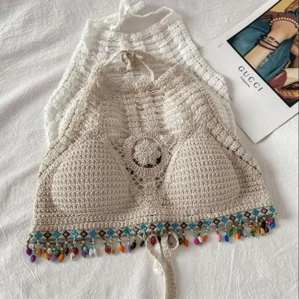 

Bohemian Halter Hanging Tank Top Vacation Style Tassels Beading Sexy Knitted Short Women's Top 2024 Summer Fashionable New