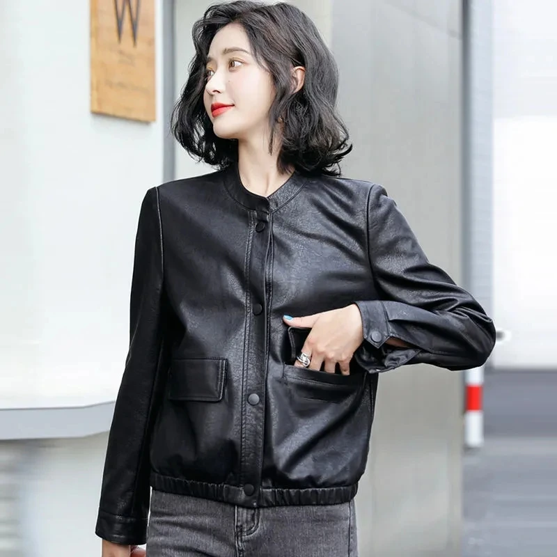 Black Stand collar Fashion Short leather Jacket For women 2025 Spring Autumn New Korean version Motorcycle leather Jackets
