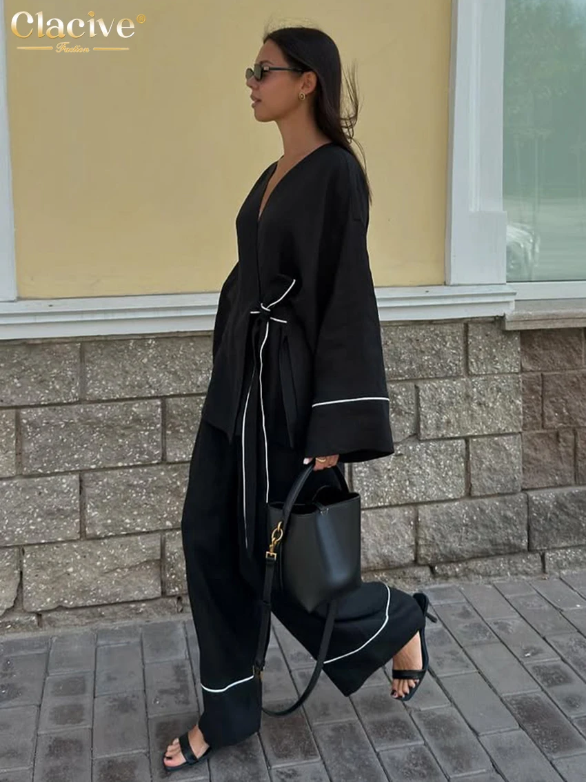 Cclacive Fashion Loose Black Cotton Women's Two Pieces Set 2025 Casual Long Sleeve Shirt With High Waist Wide Pants Set Female