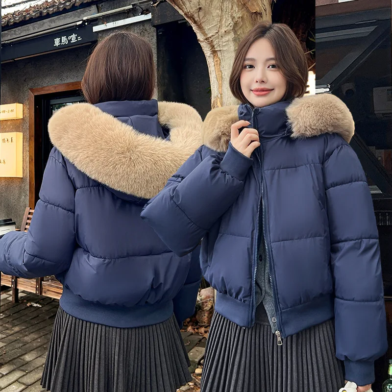 Femmes Parkas court manteau solide veste détachable col de fourrure à capuche poche zippée à manches longues épais bureau dame décontracté 2025 hiver