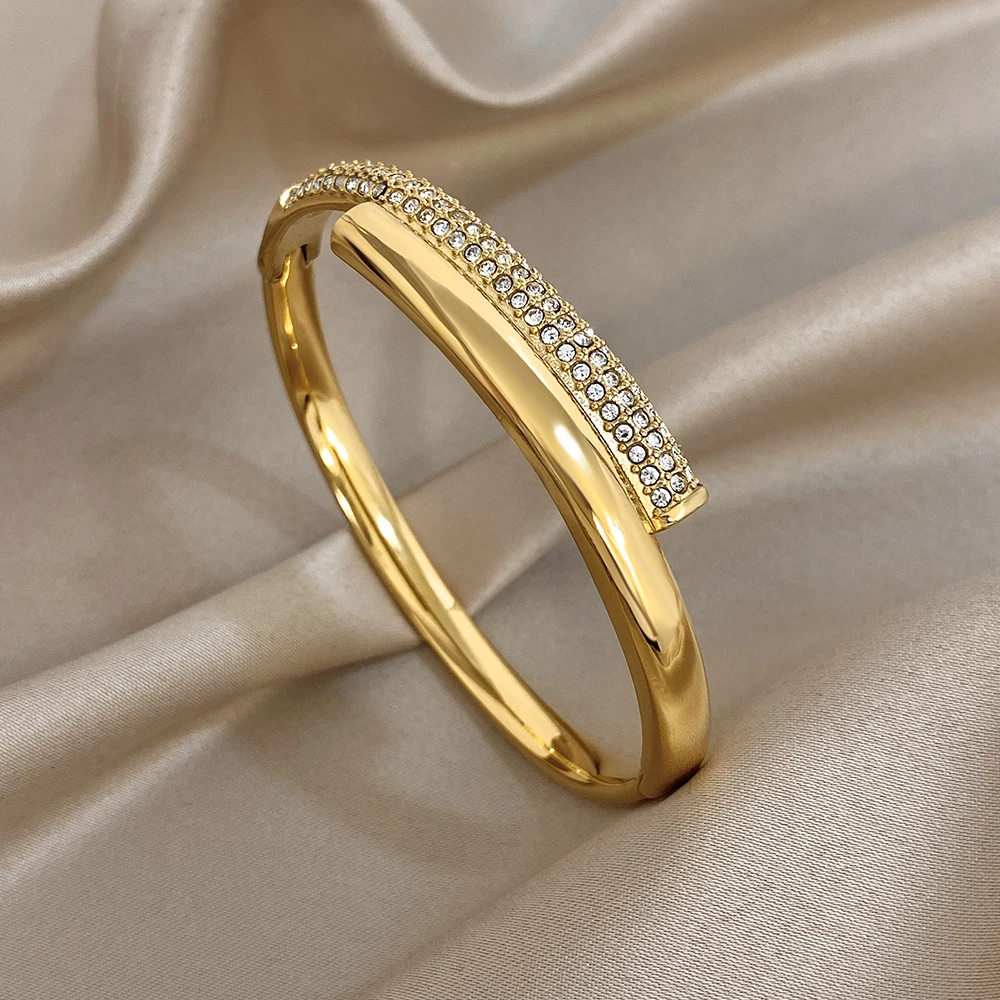 Elegante Strass Patchwork Glatte Armband für Frauen Mode Gold Farbe Edelstahl Manschette Armreif Armbänder Partei Schmuck