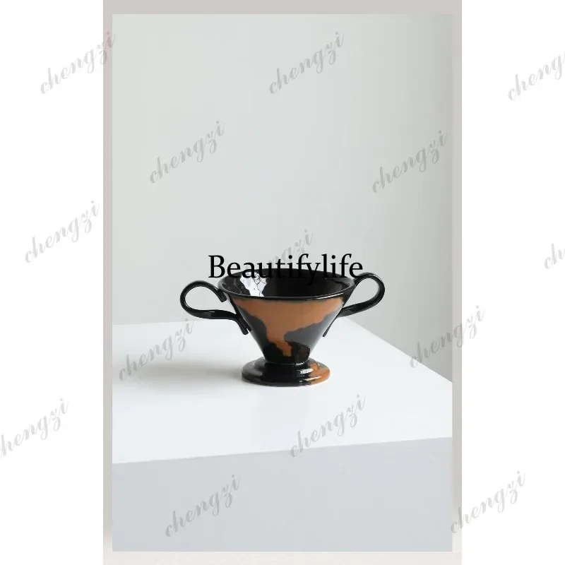 F181  New French medieval binaural geometric ceramic vase niche wine cabinet living room entrance ornament