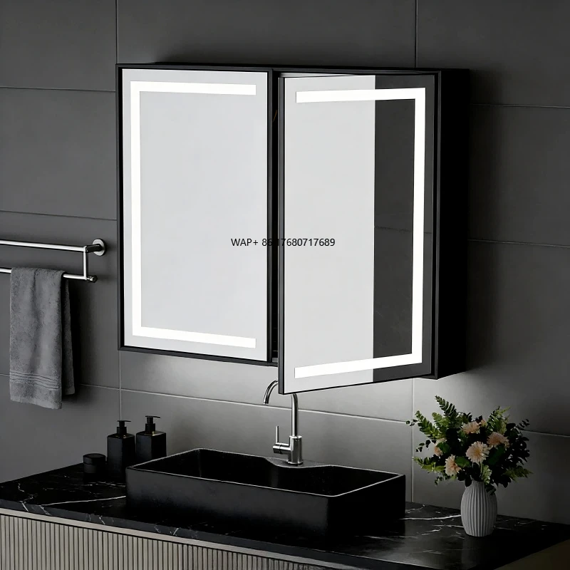 

Зеркальный шкаф для ванной комнаты Kingstin с подсветкой и многослойными стеклянными полками, светодиодное освещение с границей, водостойкий настенный монтаж