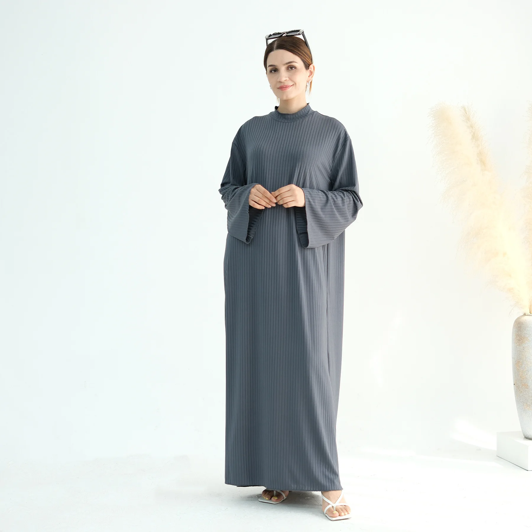 Muslim Women's Stand Collar Loose Under Abaya Dress, Elegant Hijabi Robe, Modest Islamic Clothing, Ramadan Eid, Autumn Winter