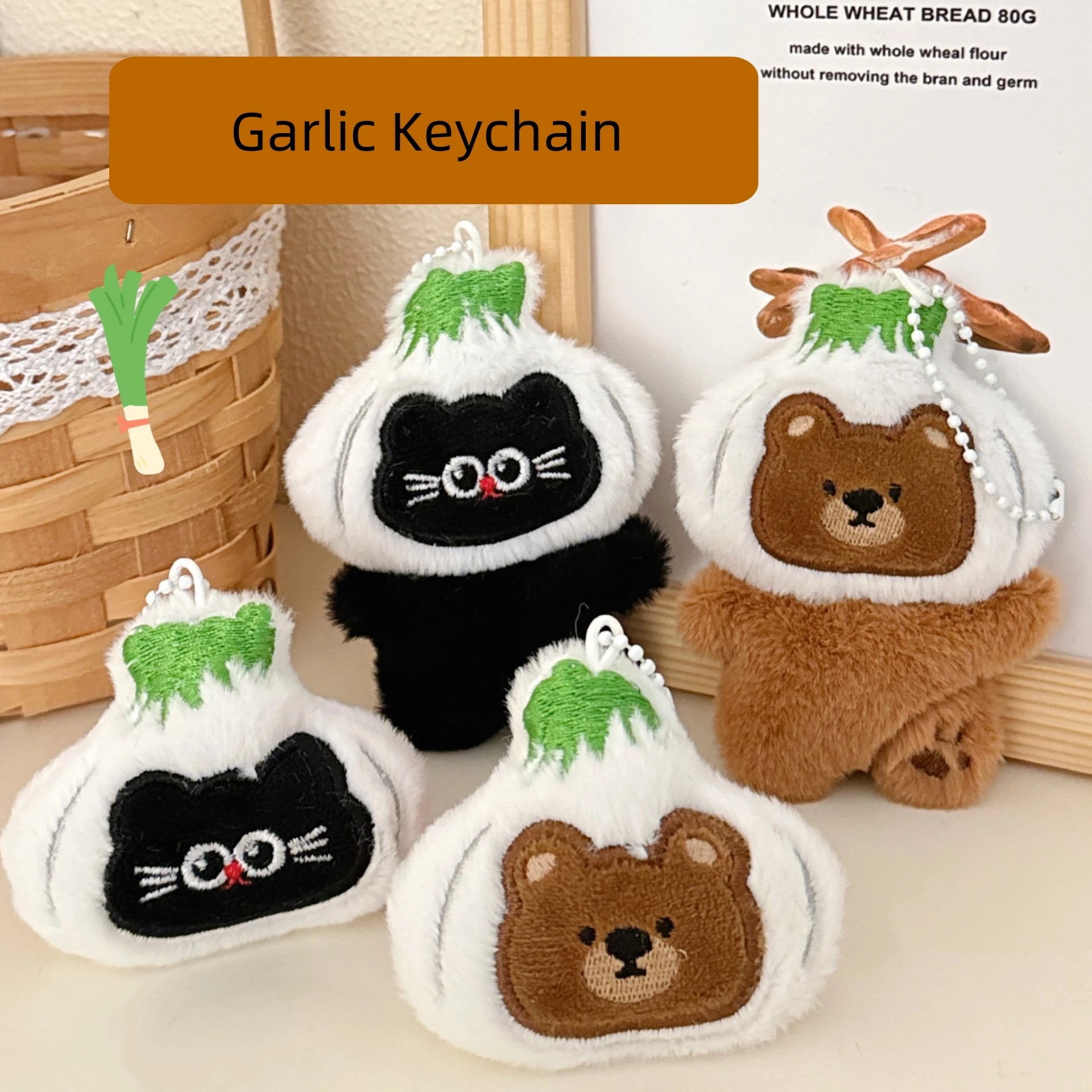 LLavero con colgante de gato y oso de ajo de peluche, creativo, elegante, decoración para mochila, llavero con dije, Mini bolso Adorable, adornos colgantes