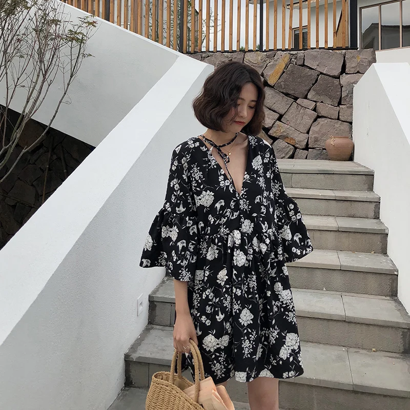 Summer Large Size Women's Dr Floral V-Ne A-Line Skirt ort Sve Korean Sle Commute Loose Waist Chiffon Dr