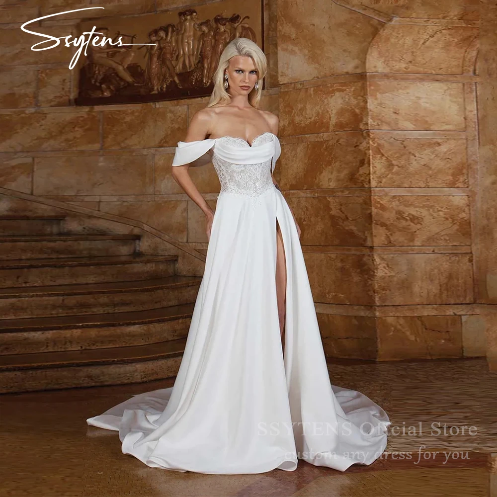 

SSYTENS Off Shoulder Wedding Dresses 2026 Lace Pleated Brides Dress High Slit Satin A Line Long Sleeves Bridal Gowns Customized