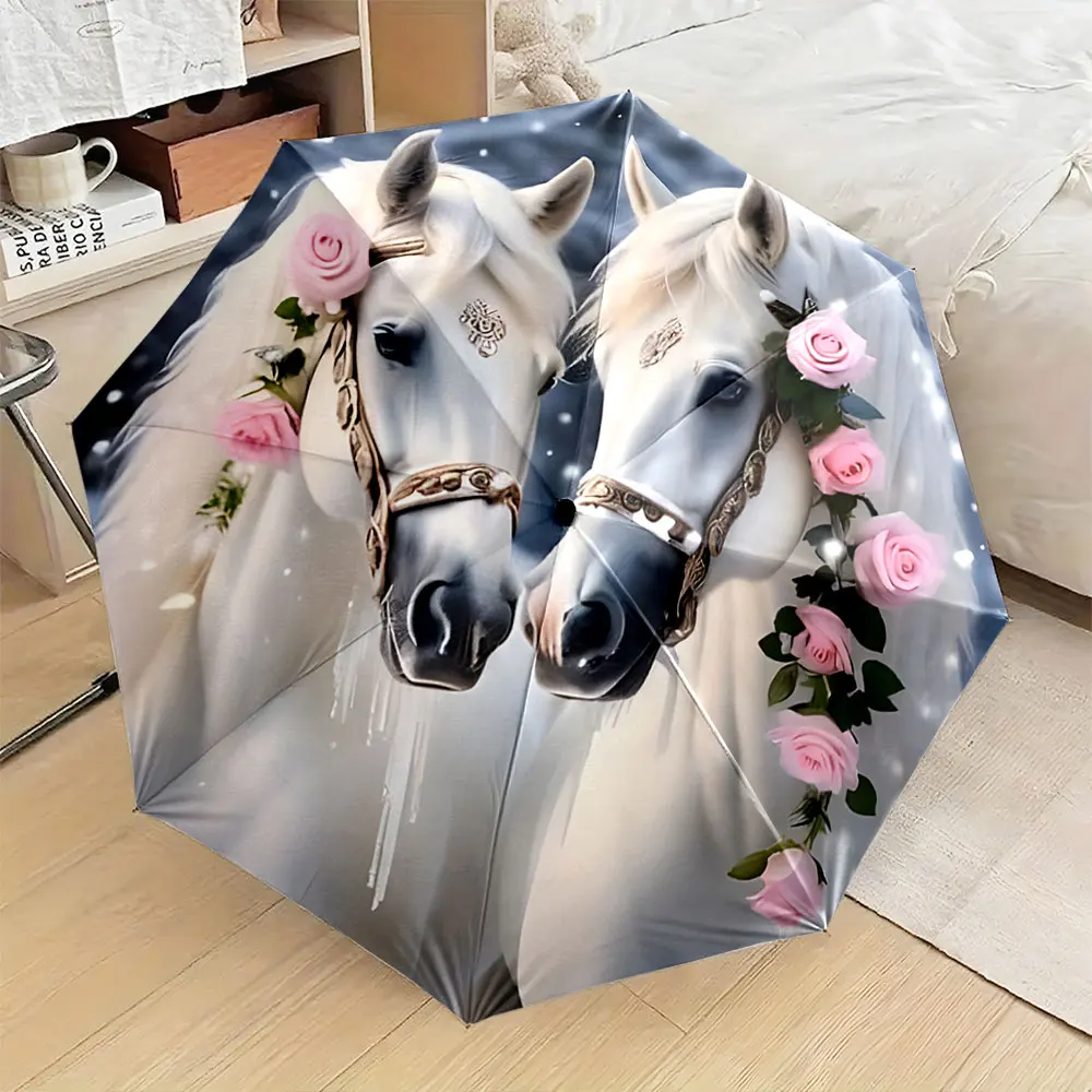1PC Elegant White Horses with Pink Roses Umbrella Design Print 8 Iron Ribs Folding Umbrella Auto-Open Fashion Sunshade