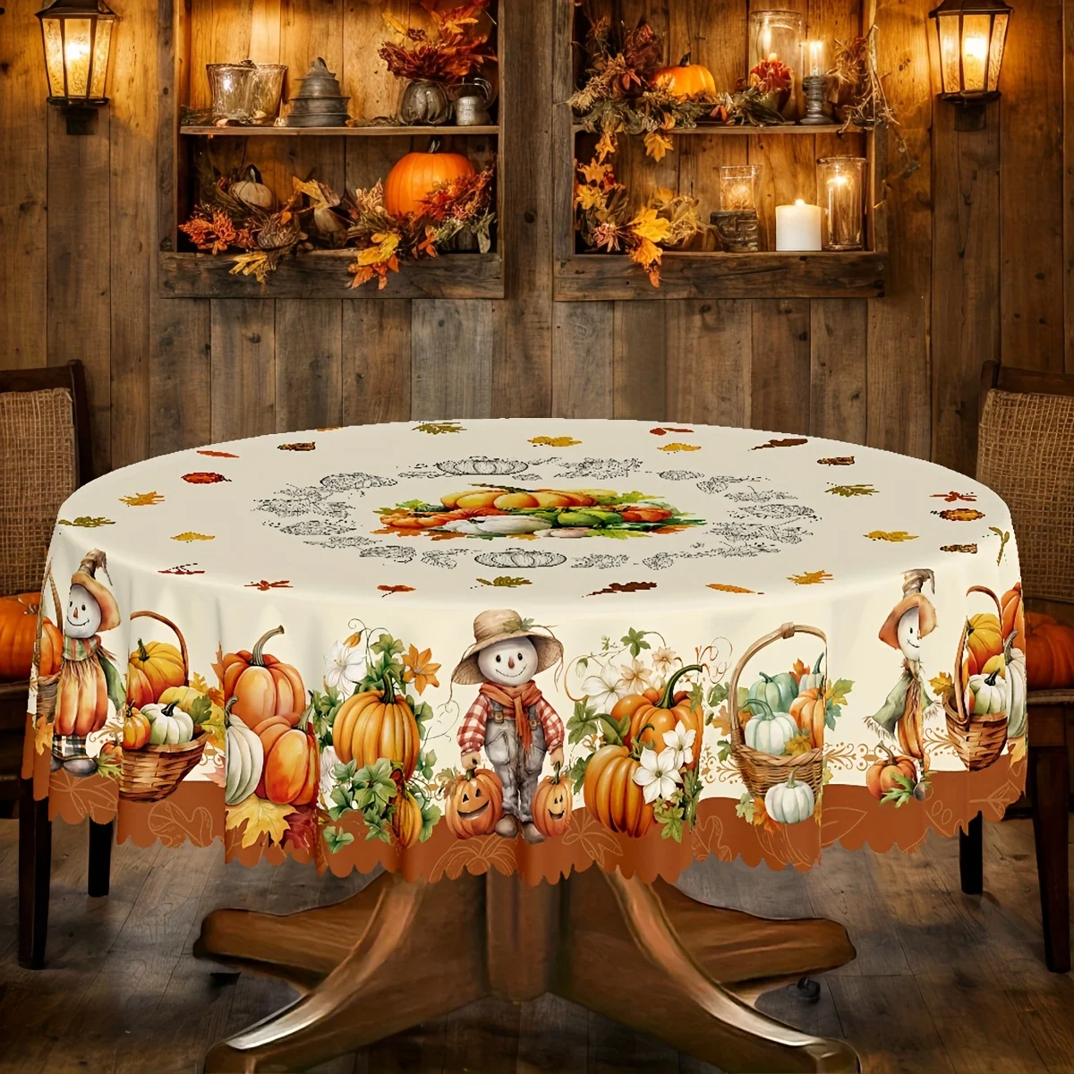 One autumn-themed tablecloth, featuring the patterns of scarecrow, pumpkin, maple leaves and flower basket.zyc