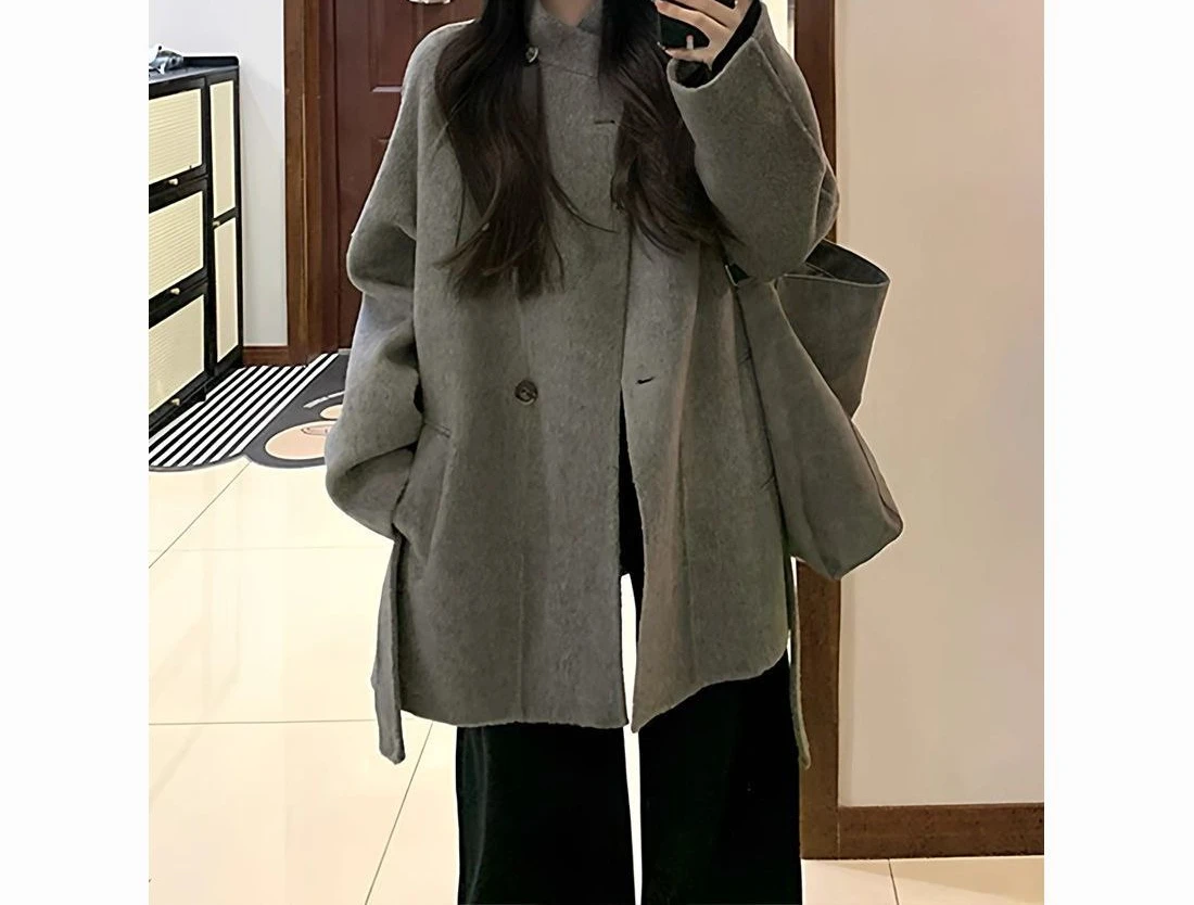 Szary krótki płaszcz wełniany damski na jesień i zimę 2025, nowy, luźny płaszcz wełniany