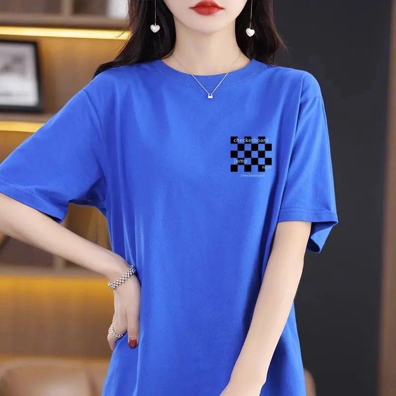 Fashion Summer Thin Checkerboard Grid T-shirt Women High Quality Short Sleeve O-collar Extended Version Casual Cotton Lady Top