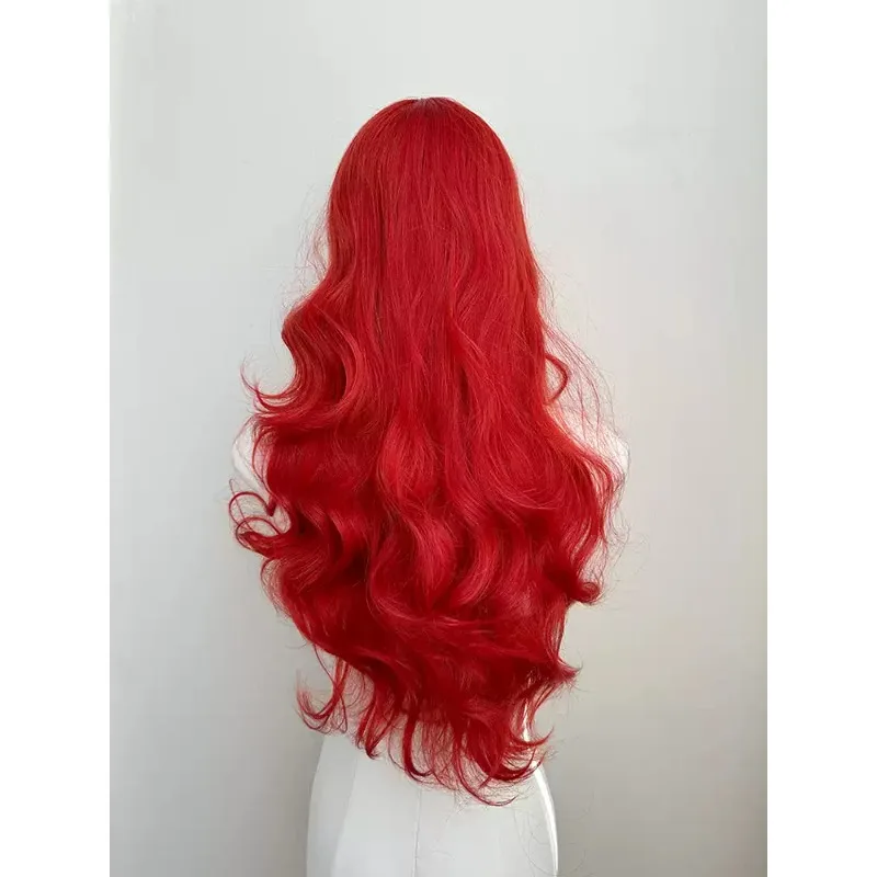 Red Long Wavy Wig for Women, Mermaid Style Middle Part Big Wave Synthetic Hair Wig, Full Head Cosplay Daily Party Wig